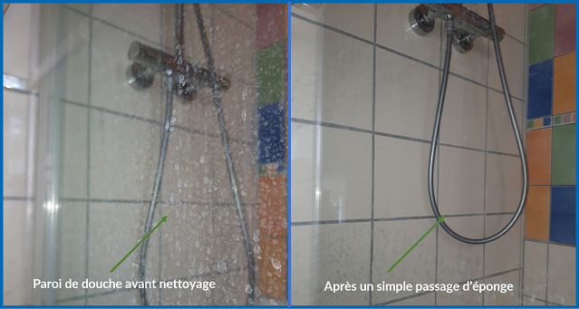 Mitigigeur et paroi de douche avant et après un simple nettoyage à l'éponge.